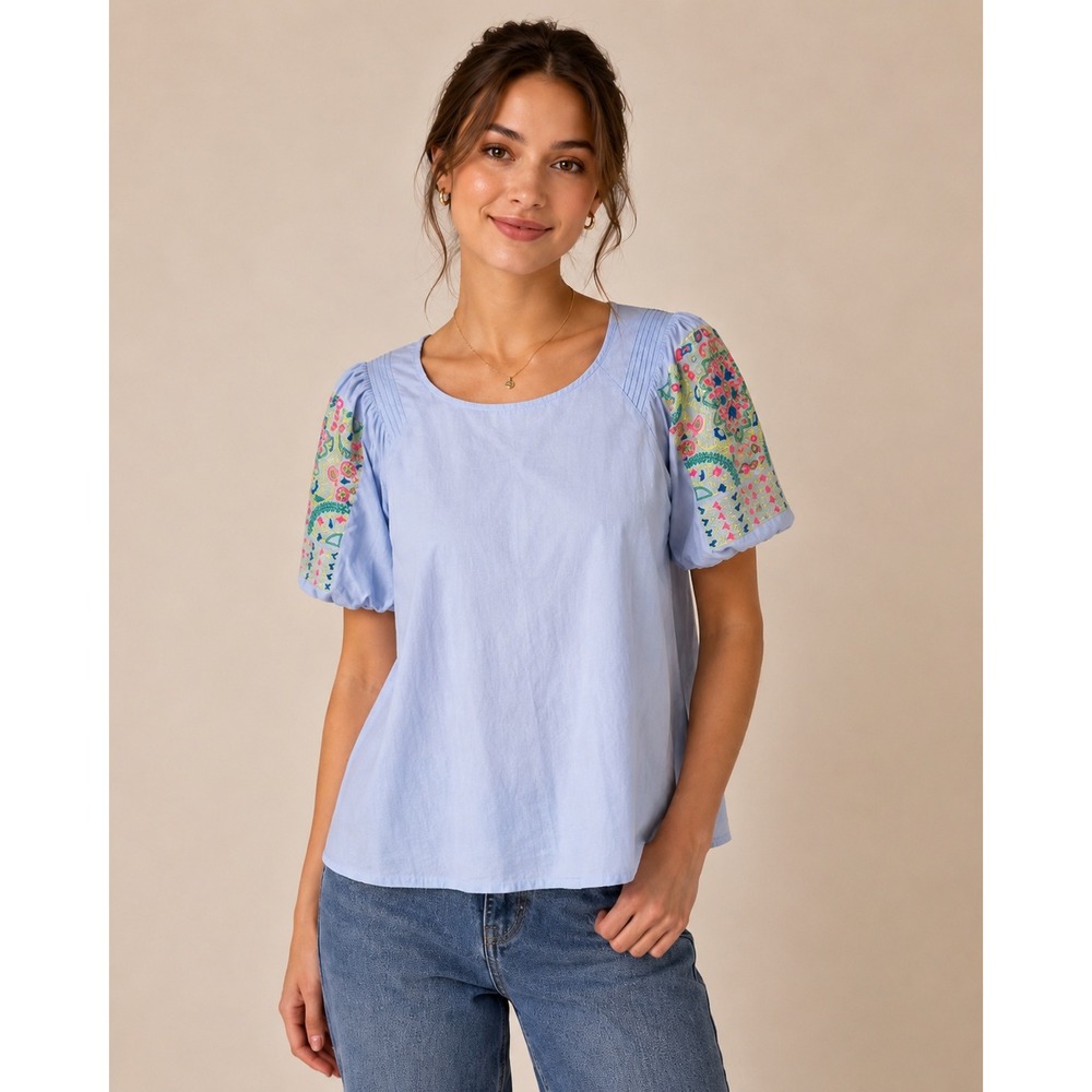 Jodifl‎ Womens Light Blue Embroidered Puff Sleeve Pintuck Blouse H21115 Size M